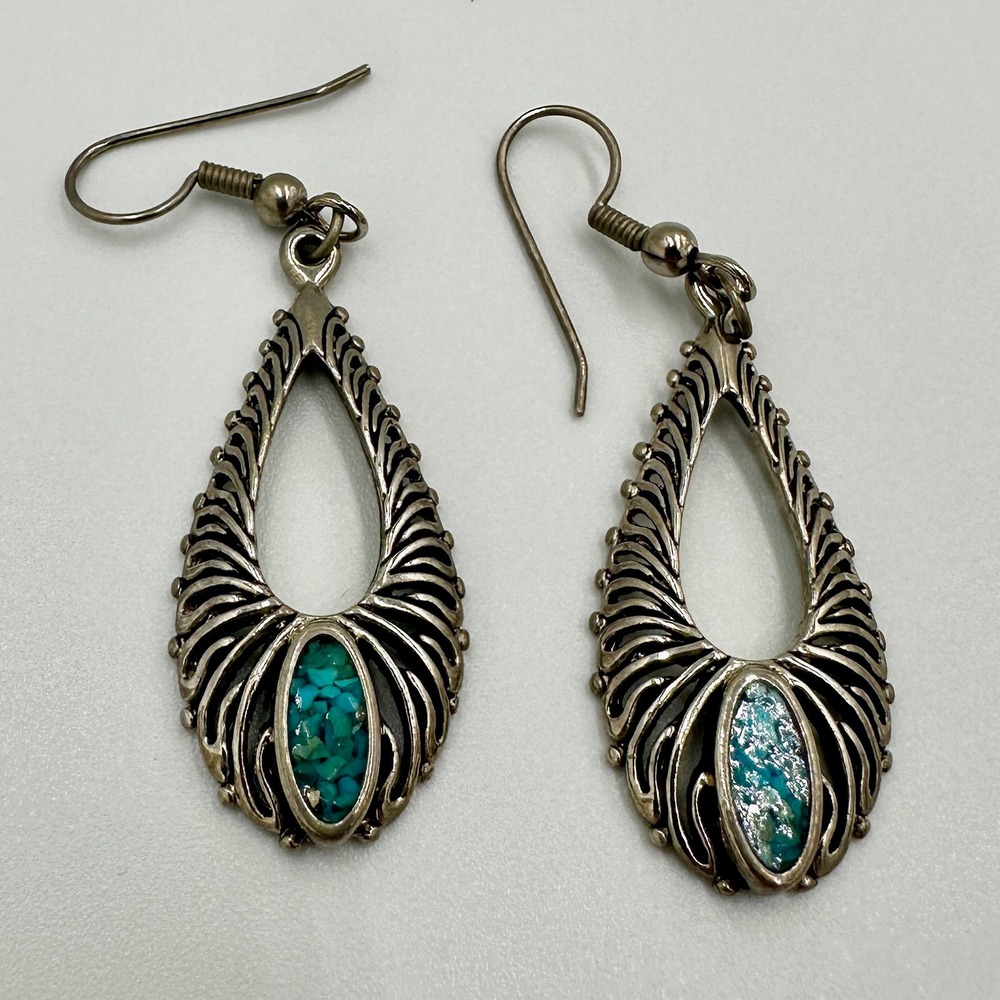 Bohemian Silver Tone Turquoise Inlay Teardrop Filigree Dangle Earrings